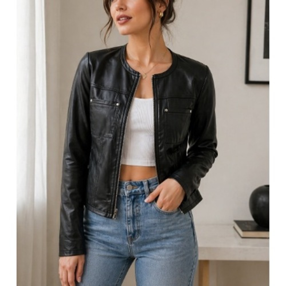 Evereve Women's Black Ashton‎ Zip Moto Faux Leather Jacket Size L NWT